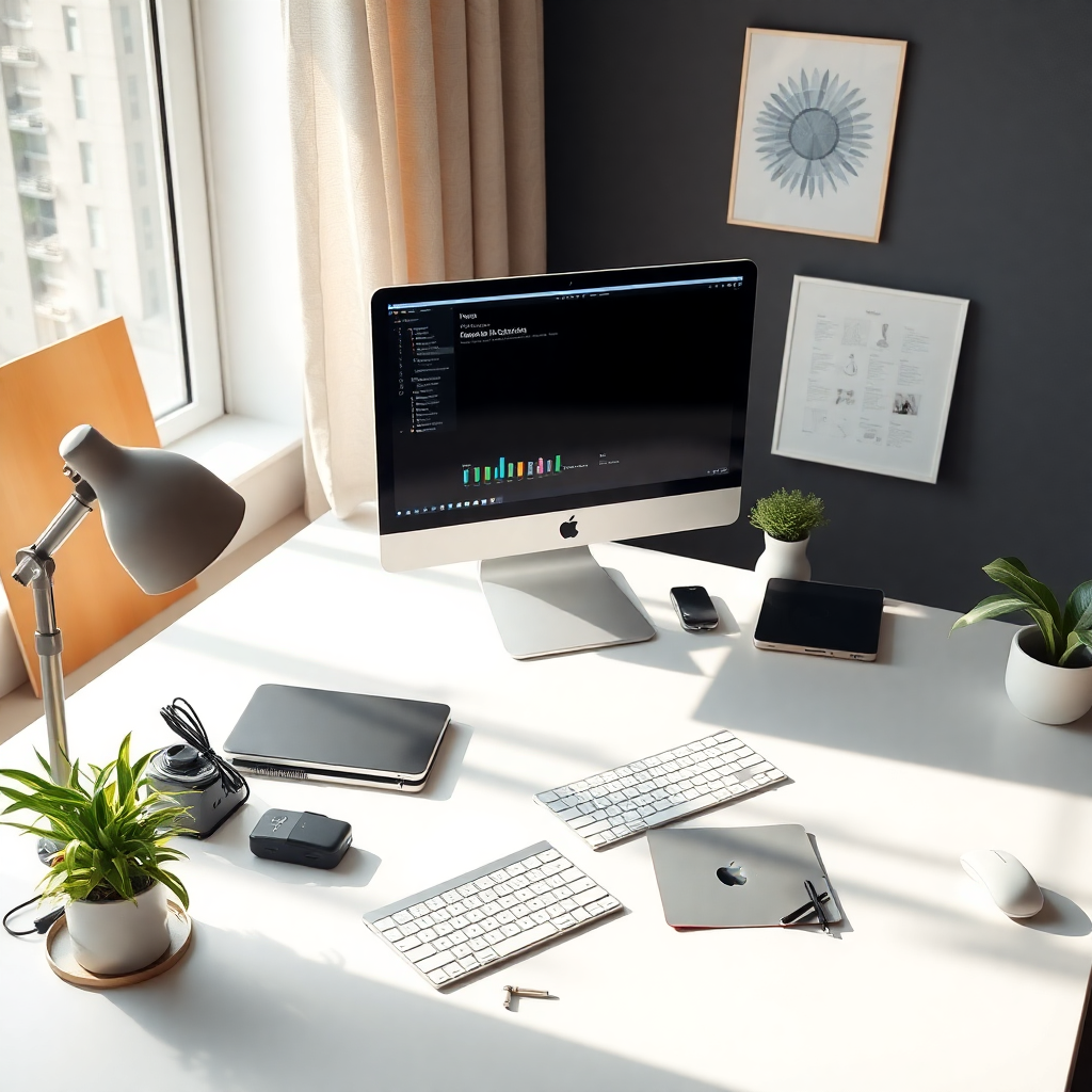 modern minimalist workspace with design tools, clean desk setup, natural lighting